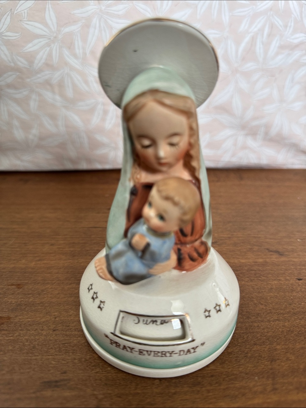Vintage Ceramic Madonna and Child Figurine in Pastel Mint and Peach
